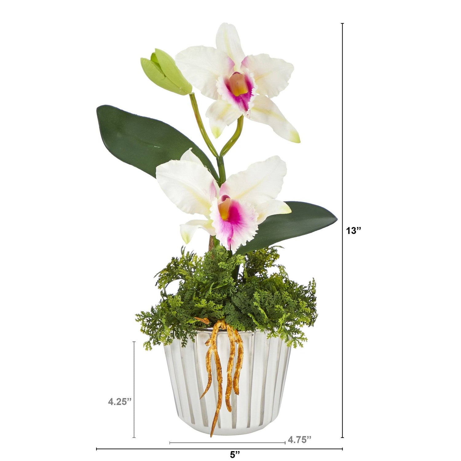 13” Mini Orchid Cattleya Artificial Arrangement in White Vase with Silver Trimming