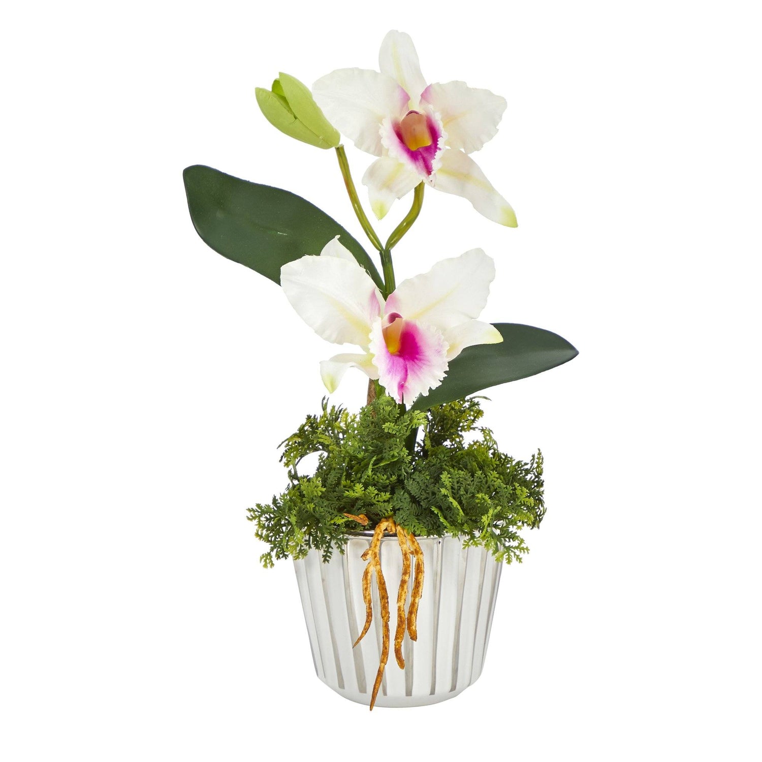 13” Mini Orchid Cattleya Artificial Arrangement in White Vase with Silver Trimming