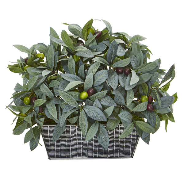 13” Olive with Berries Artificial Plant in Embossed Tin Planter