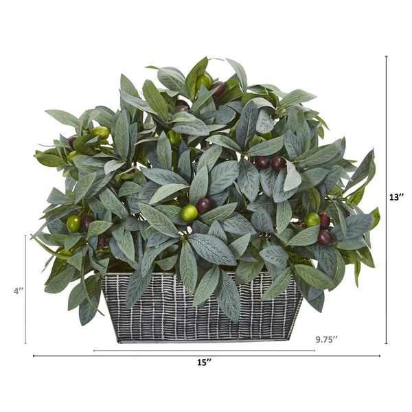 13” Olive with Berries Artificial Plant in Embossed Tin Planter