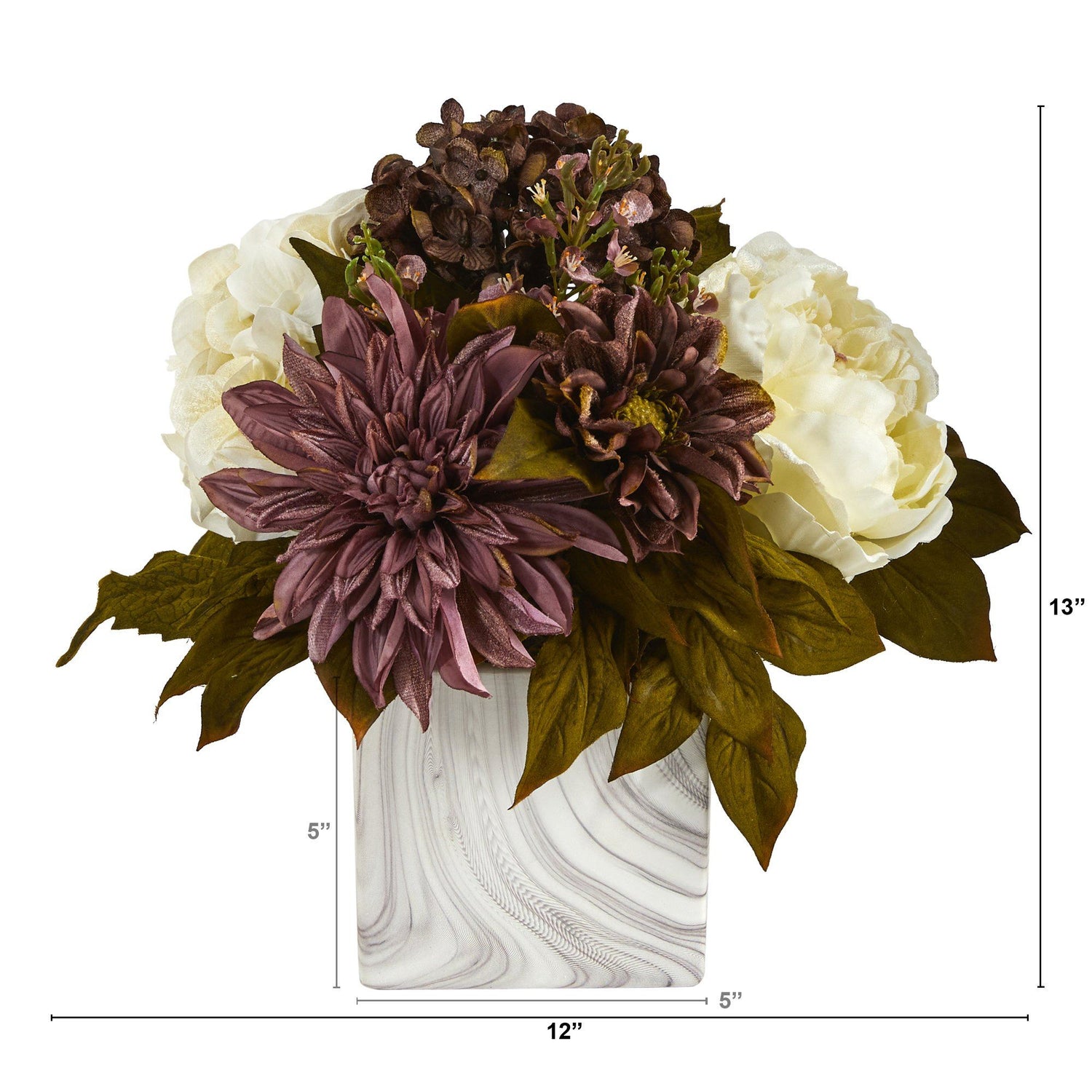 13” Peony, Hydrangea and Dahlia Artificial Arrangement in Marble Finished Vase