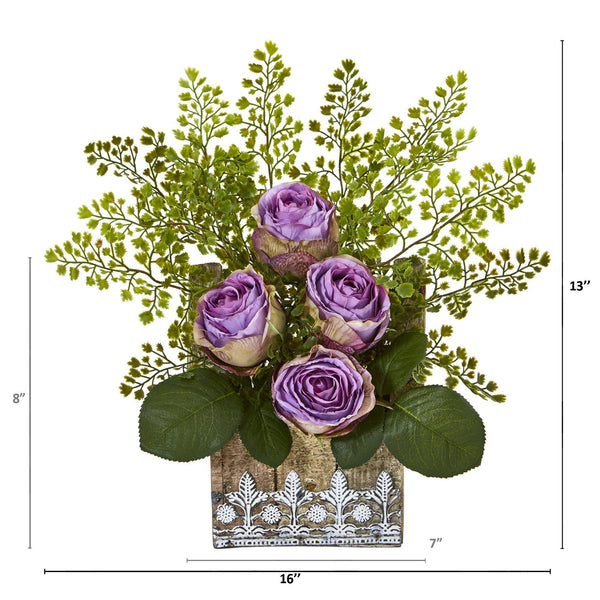 13” Rose and Maiden Hair Arrangement in Hanging Planter