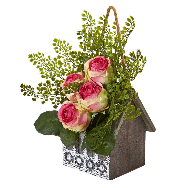 13” Rose and Maiden Hair Arrangement in Hanging Planter
