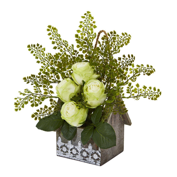 13” Rose and Maiden Hair Arrangement in Hanging Planter