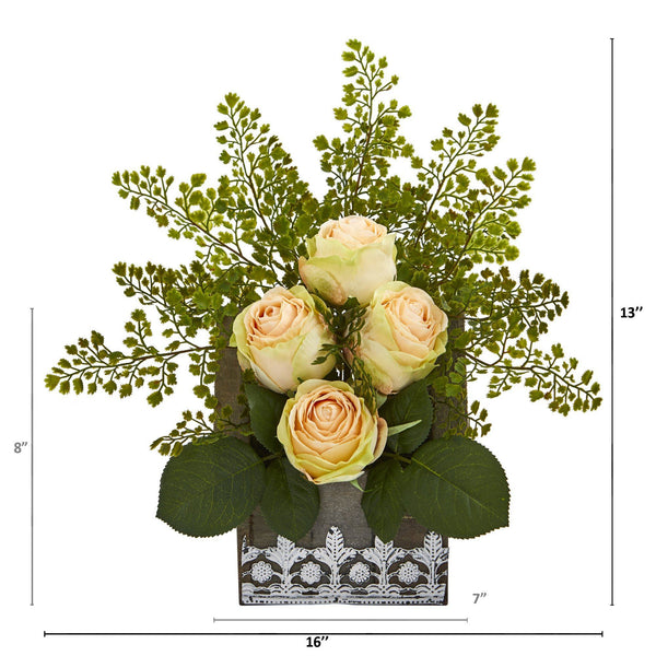 13” Rose and Maiden Hair Arrangement in Hanging Planter