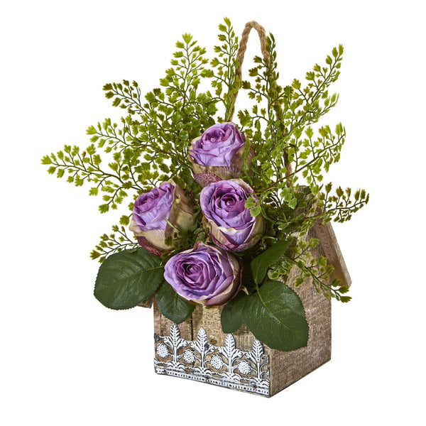 13” Rose and Maiden Hair Arrangement in Hanging Planter