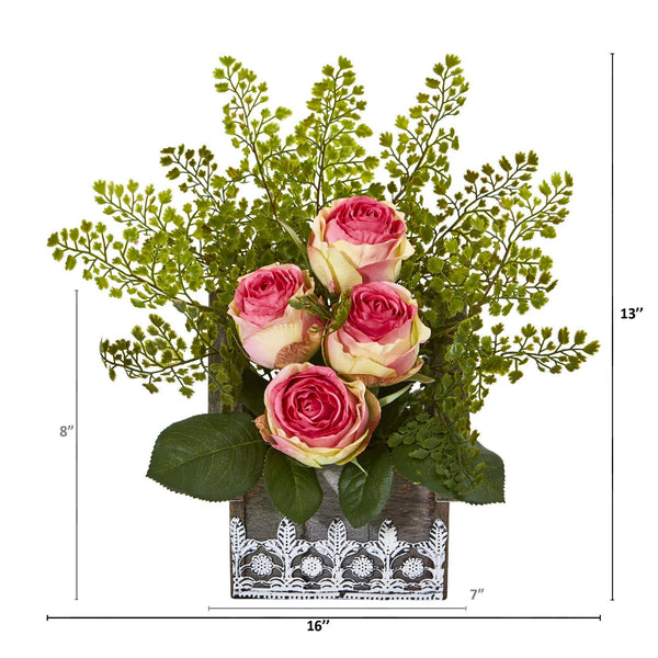 13” Rose and Maiden Hair Arrangement in Hanging Planter