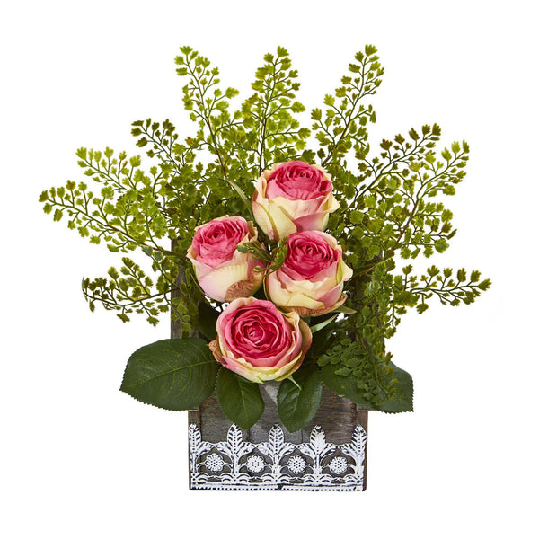 13” Rose and Maiden Hair Arrangement in Hanging Planter