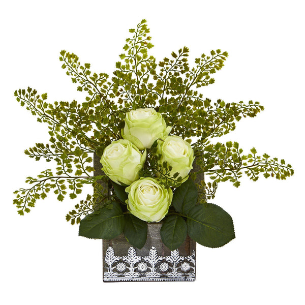 13” Rose and Maiden Hair Arrangement in Hanging Planter