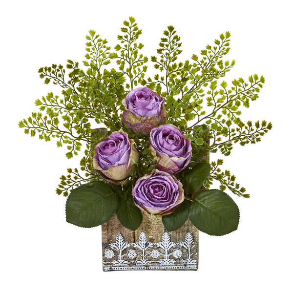 13” Rose and Maiden Hair Arrangement in Hanging Planter