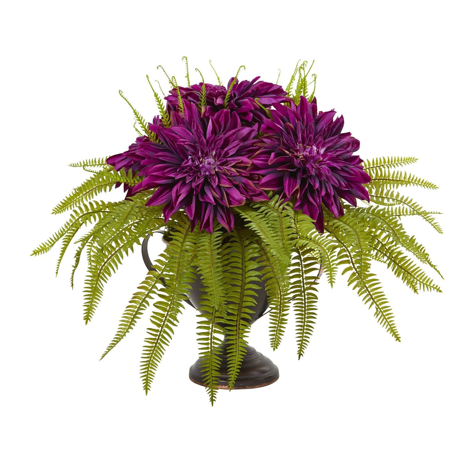 14” Dahlia and Fern Artificial Arrangement in Metal Goblet
