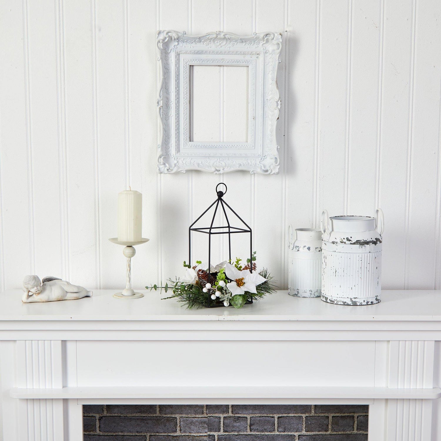 14” Holiday White Poinsettia, Berries and Pine Cone Metal Candle Holder Table Christmas Arrangement