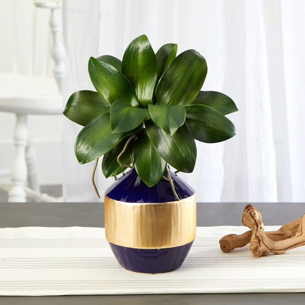 14” Phalaenopsis Orchid Leaf Artificial Plant in Blue and Gold Planter
