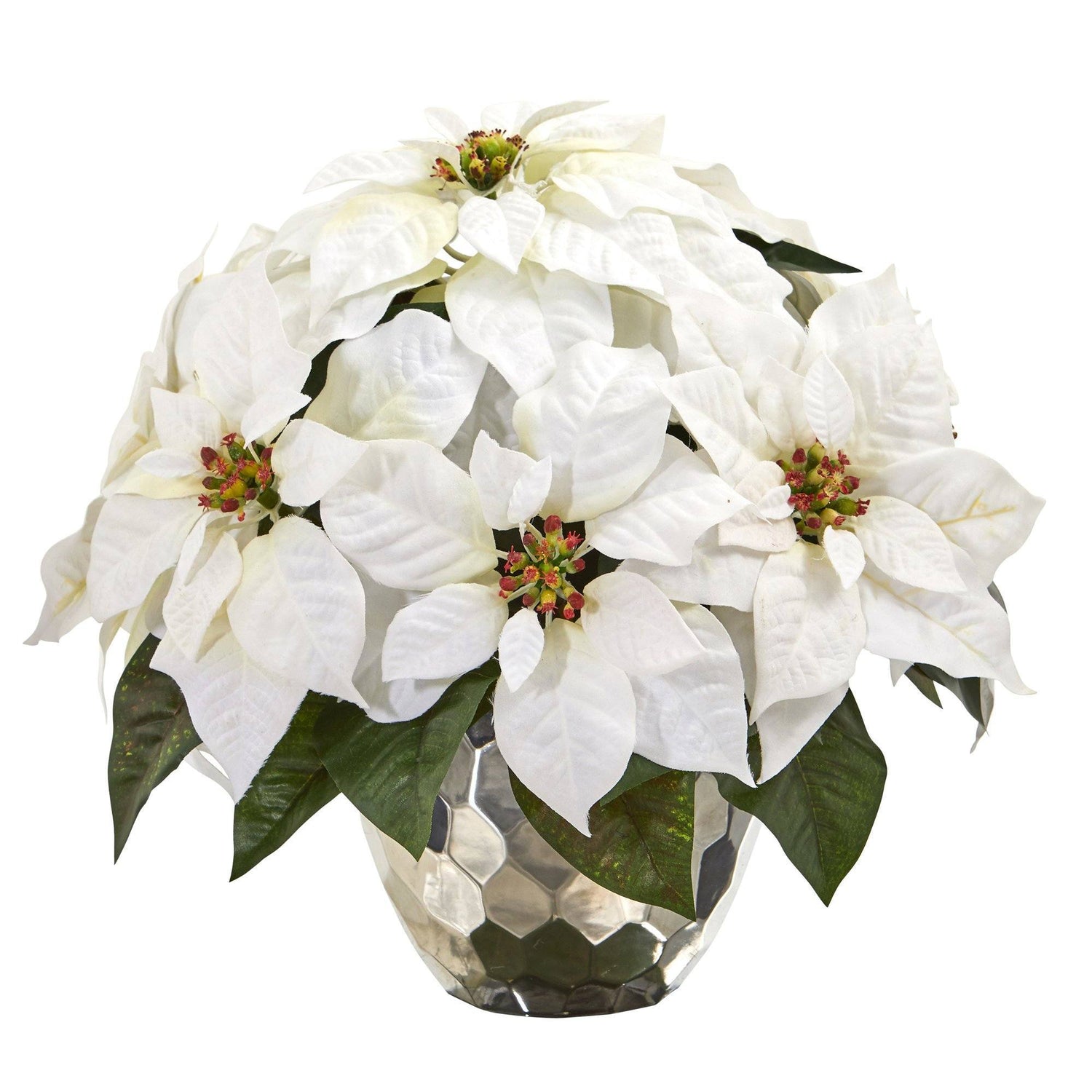 14” Poinsettia Artificial Arrangement in Designer Silver Bowl