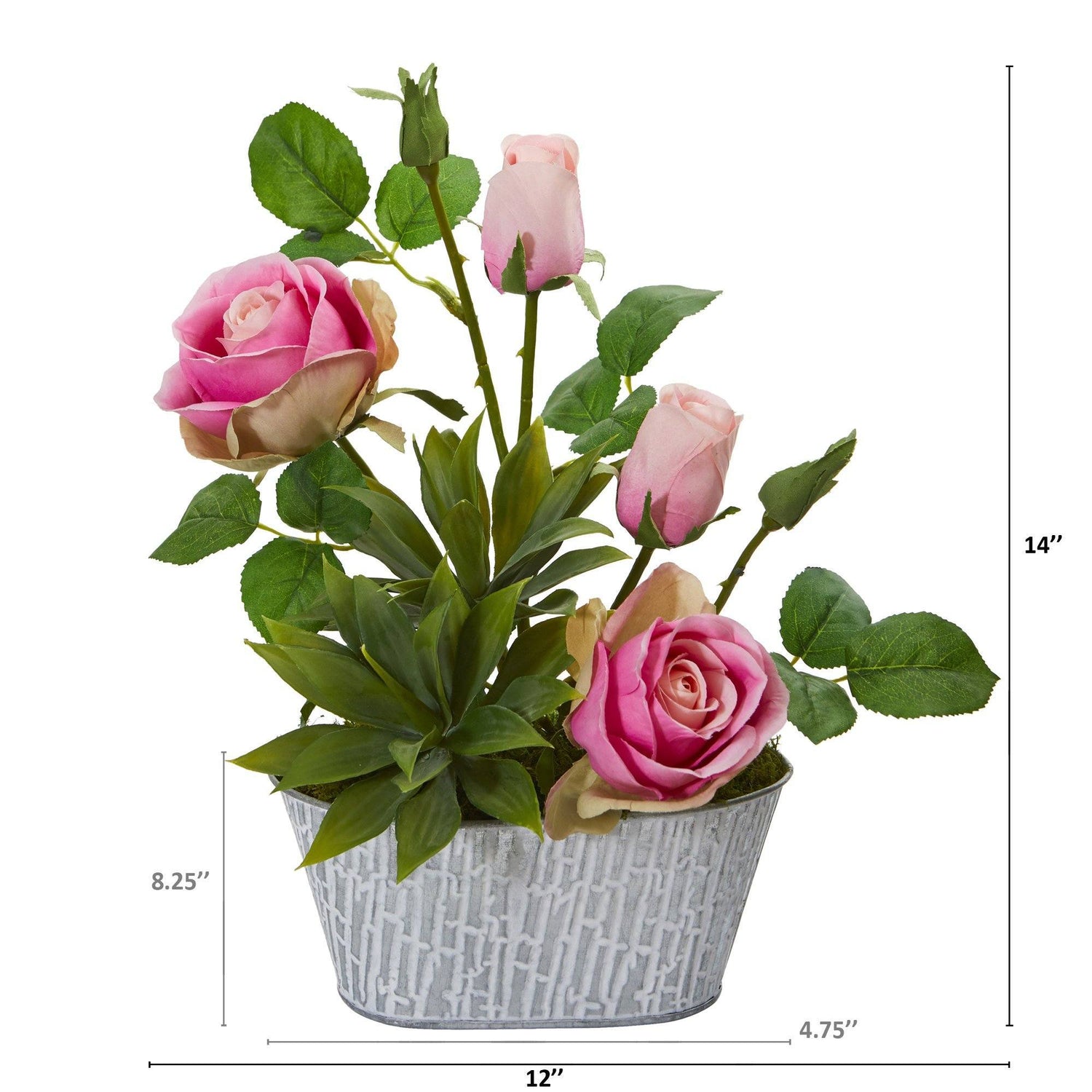 14” Rose and Agave Artificial Arrangement in White Tin Vase