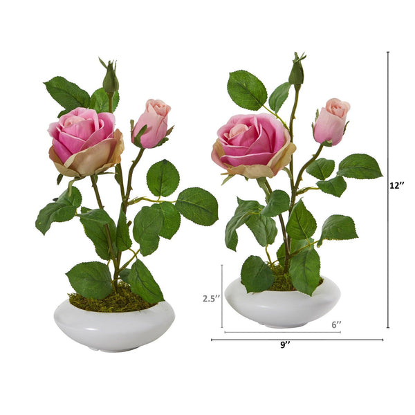 14” Rose Artificial Arrangement in White Vase (Set of 2)