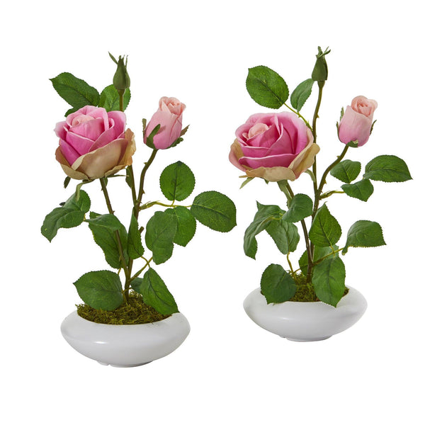 14” Rose Artificial Arrangement in White Vase (Set of 2)