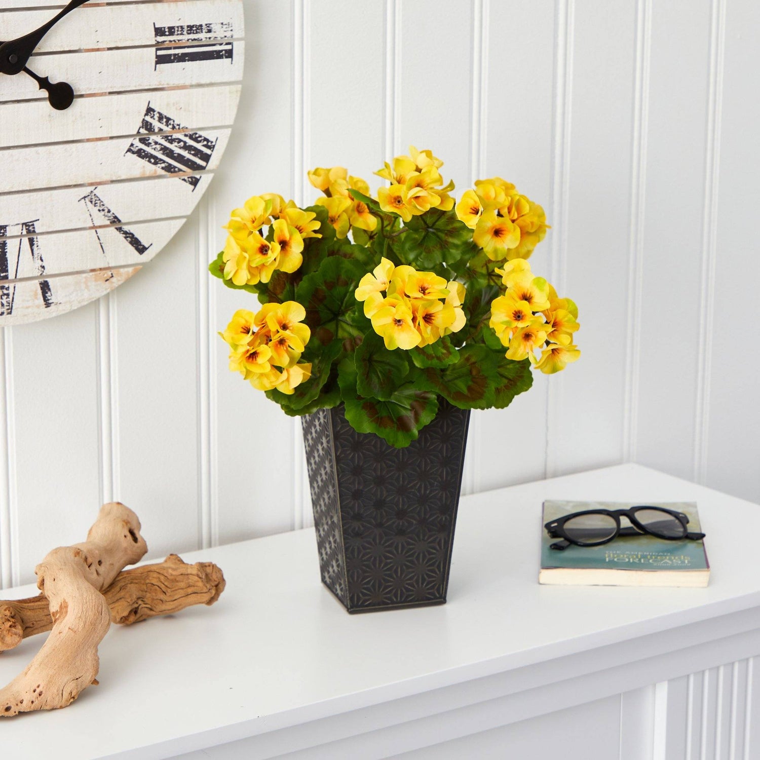 15” Geranium Artificial Plant in Embossed Black Planter UV Resistant (Indoor/Outdoor)