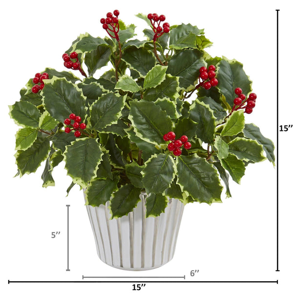 15” Variegated Holly Leaf Artificial Plant in White Vase (Real Touch)