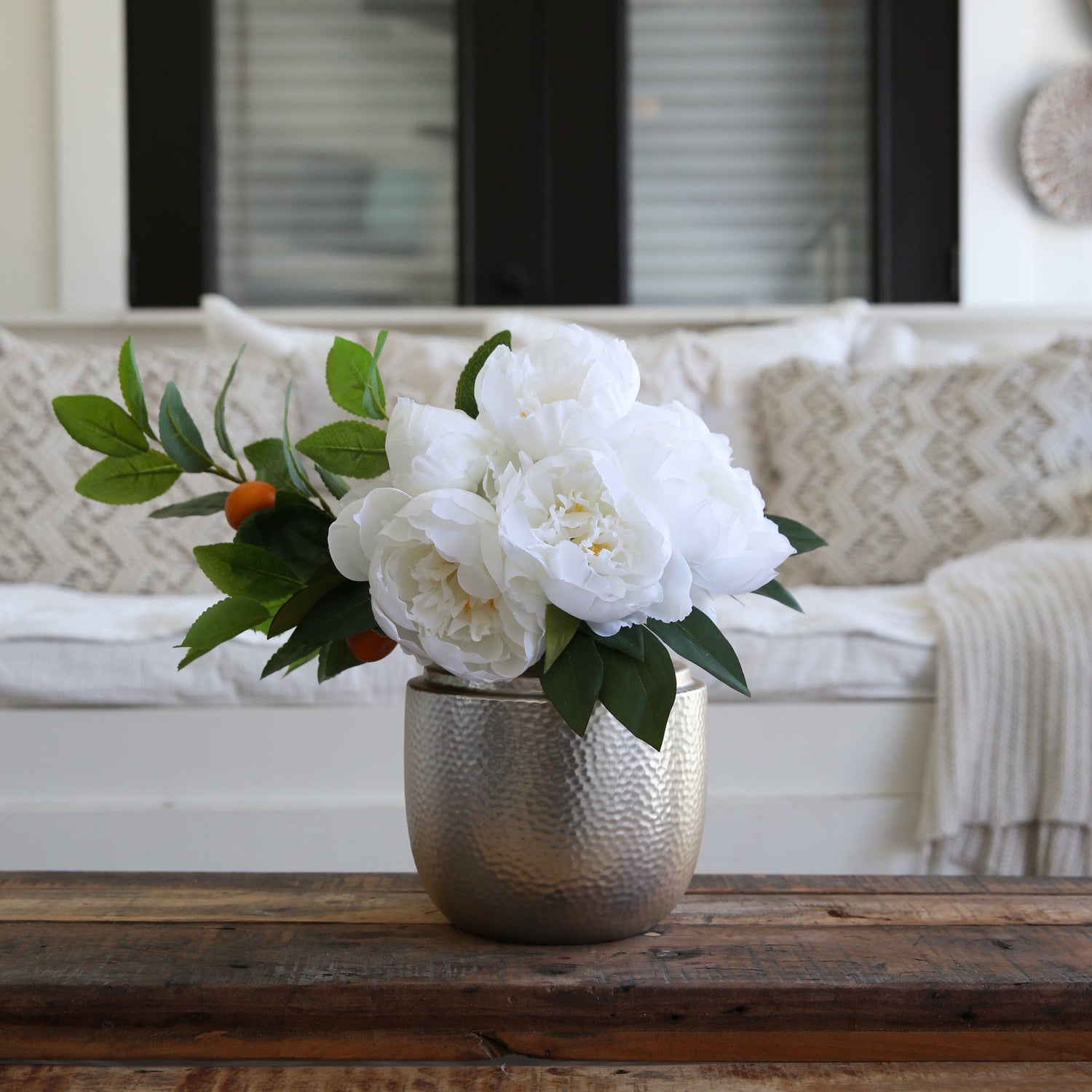 16” Artificial Peony Dahlia Arrangement white Vase