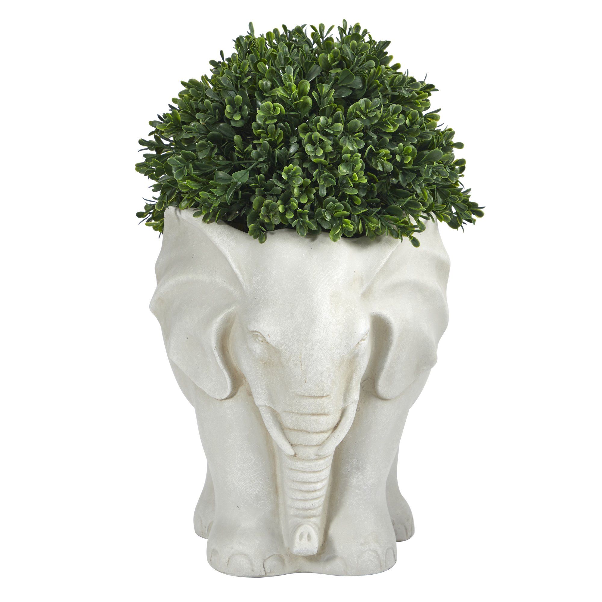 elephant planter indoor Nearly Natural 16” Boxwood Topiary Artificial Plant in Elephant Shaped Planter UV Resistant (Indoor/Outdoor)