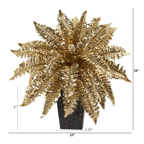 16” Golden Boston Fern Artificial Plant in Embossed Black Planter