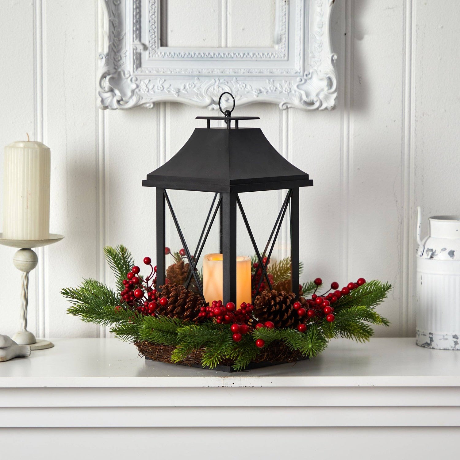 16" Holiday Berries, Pinecones and Greenery with Lantern and Included LED Candle Table Arrangement"