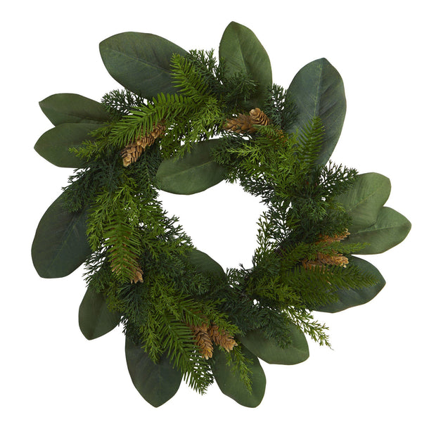 16” Magnolia Leaf and Mixed Pine Artificial Wreath with Pine Cones