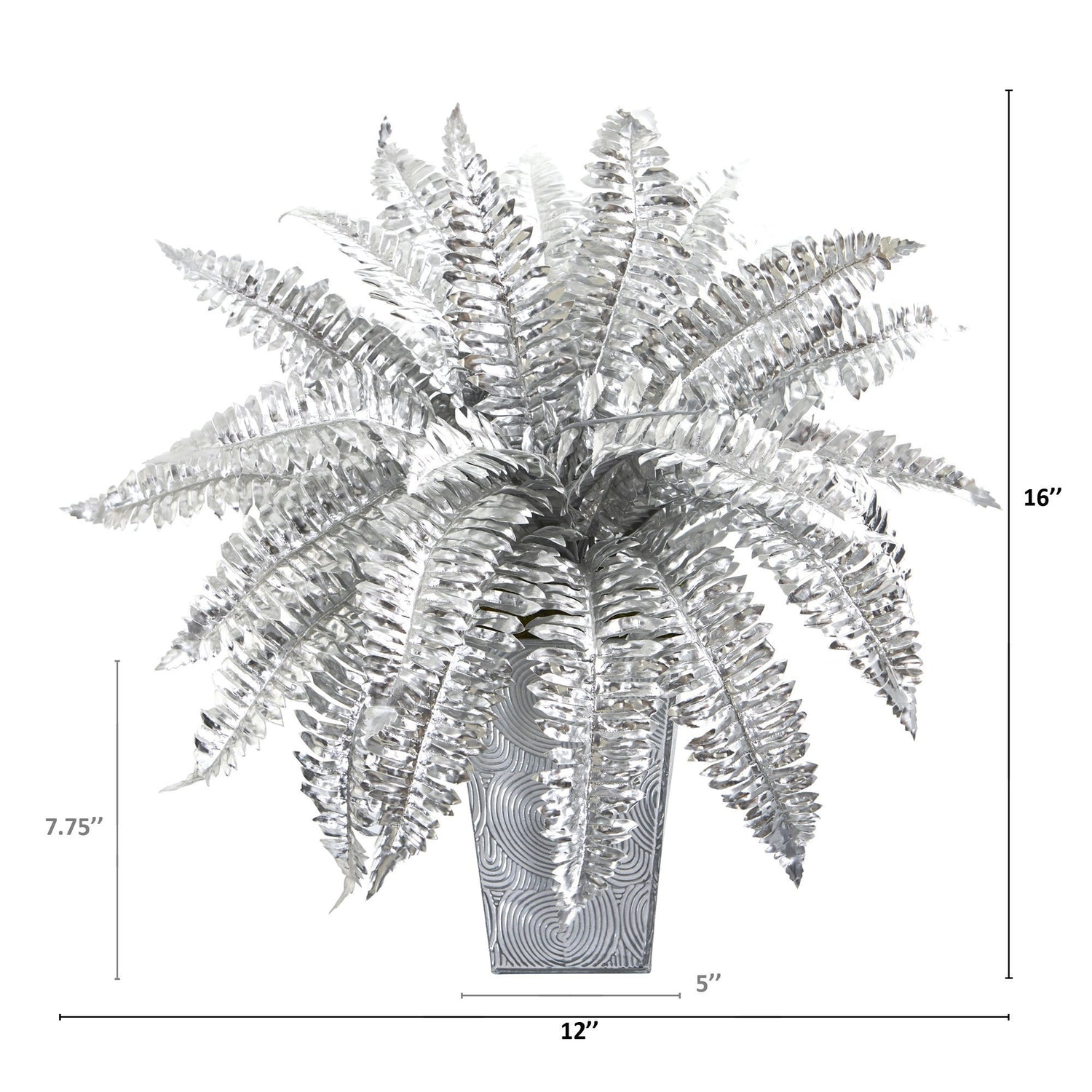 16” Metallic Silver Boston Fern Artificial Plant in Embossed White Planter