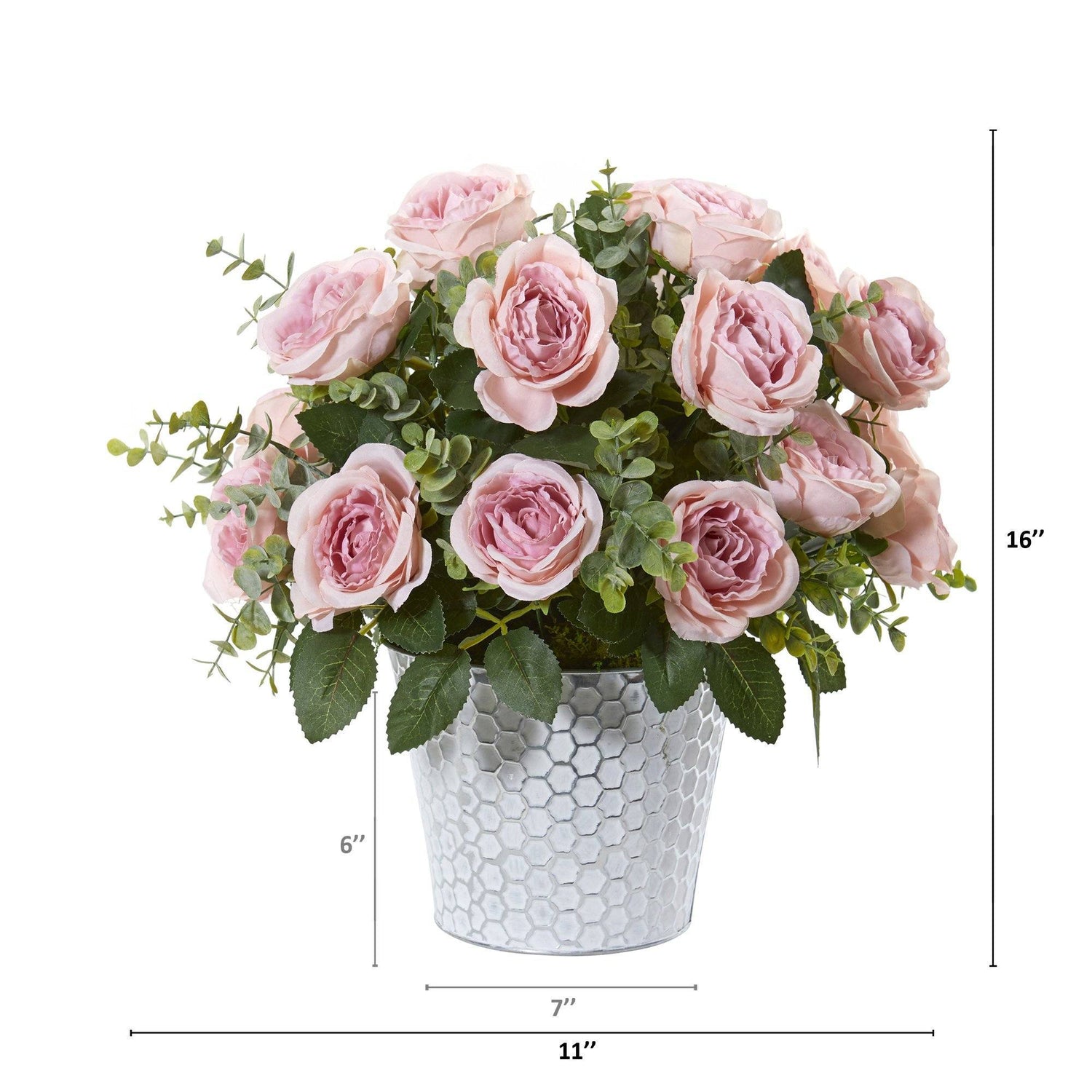 16” Rose and Eucalyptus Artificial Arrangement in Tin Vase