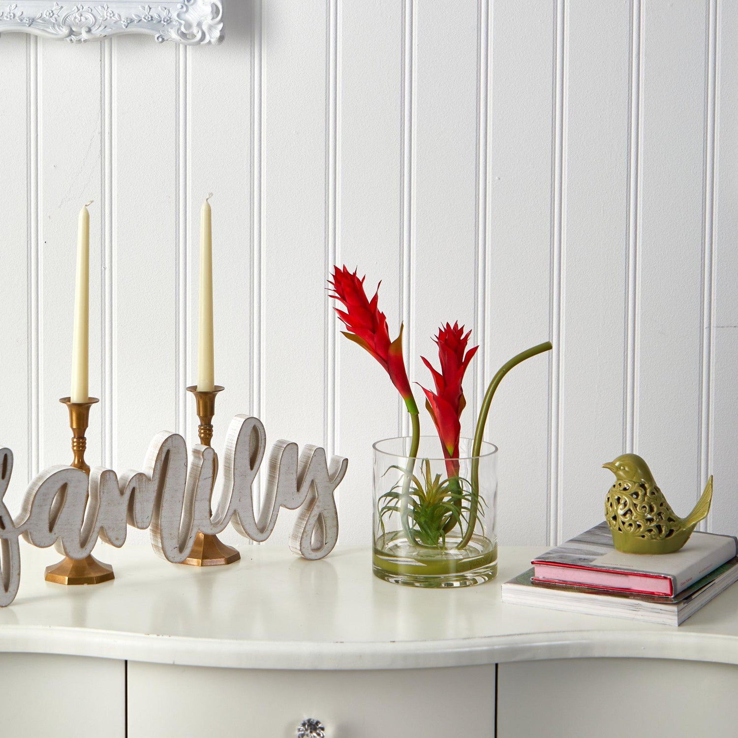 16” Star Bromeliad Artificial Arrangement in Cylinder Glass Vase