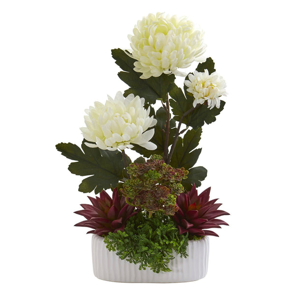 17” Mum and Succulent Artificial Arrangement in White Vase