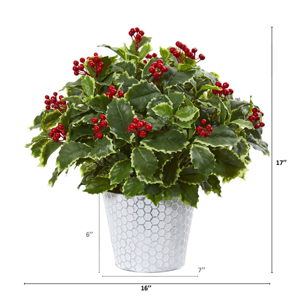 17” Variegated Holly Leaf Artificial Plant in Decorative Planter (Real Touch)