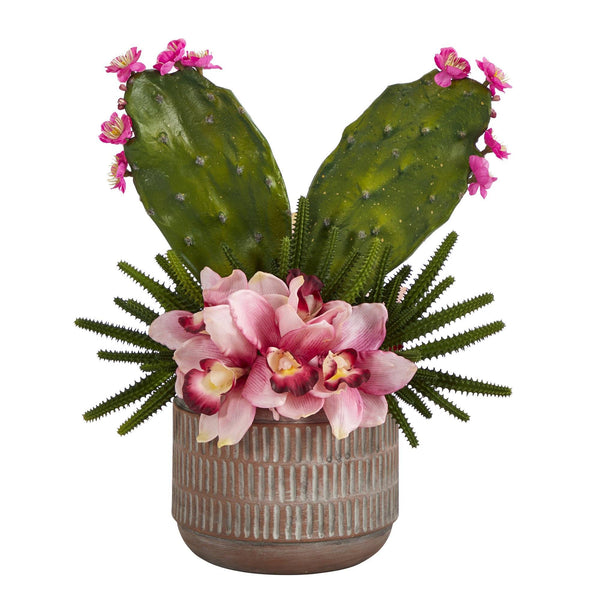 18” Cymbidium Orchid and Cactus Artificial Arrangement in Stoneware Vase