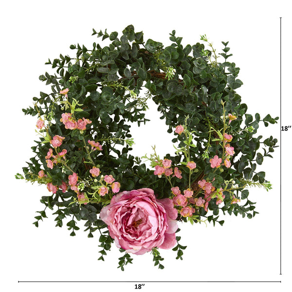 18” Eucalyptus, Cherry Blossom and Peony Double Ring Artificial Wreath With Twig Base
