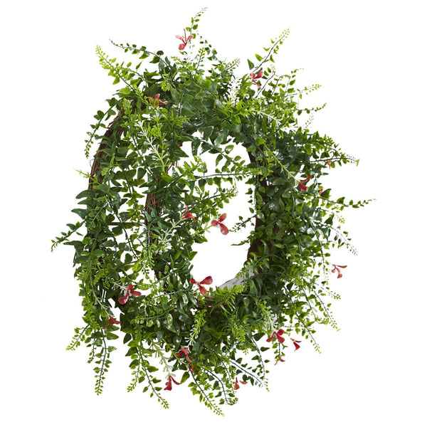 18” Floral & Fern Double Ring Wreath w/Twig Base