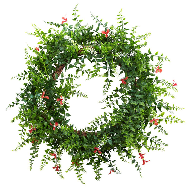 18” Floral & Fern Double Ring Wreath w/Twig Base