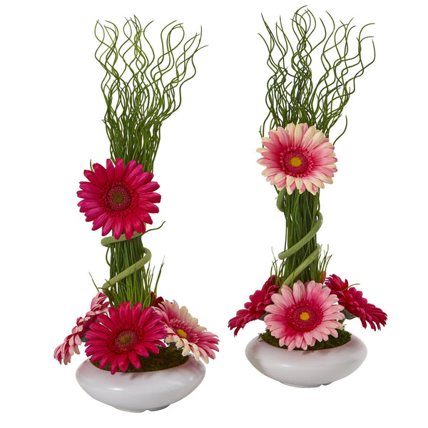 18” Gerber Daisy and Grass Arrangement in Vase (Set of 2)