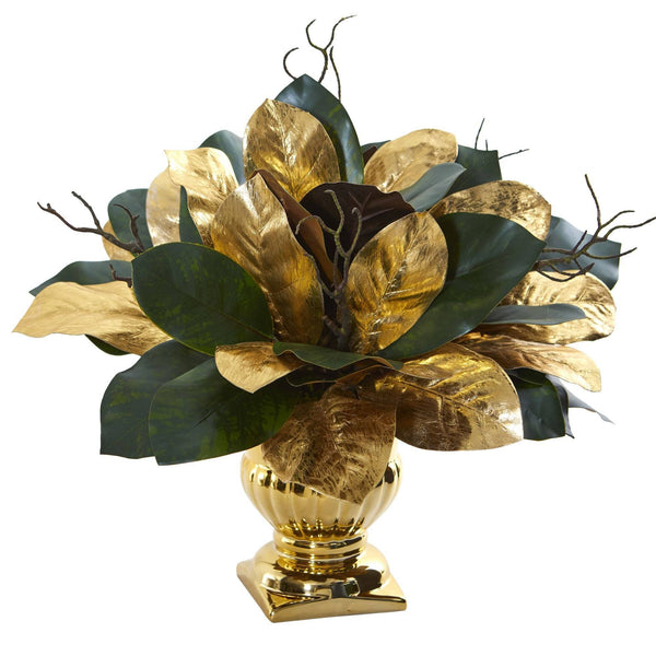 18” Magnolia Leaf Artificial Arrangement in Gold Planter