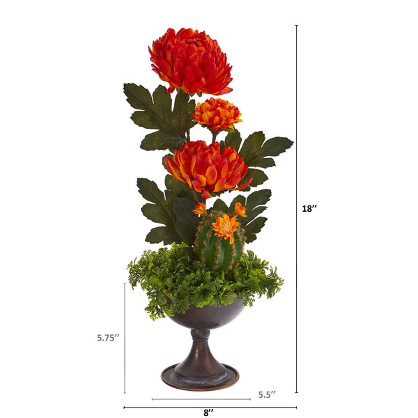 18” Mum and Cactus Artificial Arrangement in Metal Chalice (Set of 2)