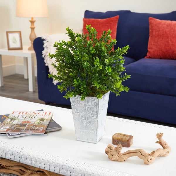 19” Boxwood Artificial Plant in Embossed White Planter (Indoor/Outdoor)