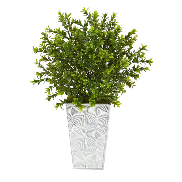 19” Boxwood Artificial Plant in Embossed White Planter (Indoor/Outdoor)