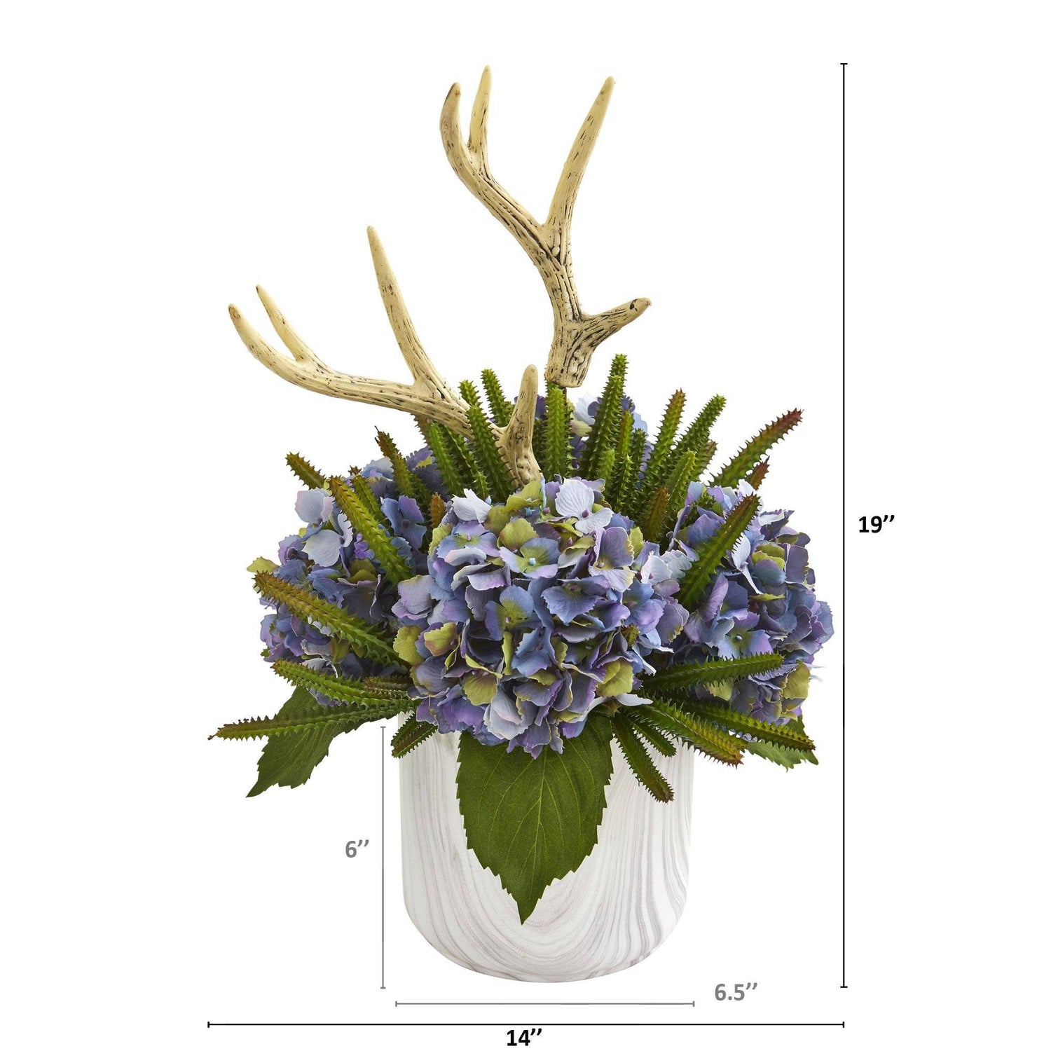 19” Hydrangeas, Succulent and Antlers Artificial Arrangement in Marble Vase