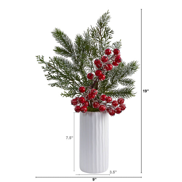 19” Iced Pine and Berries Artificial Arrangement in White Vase