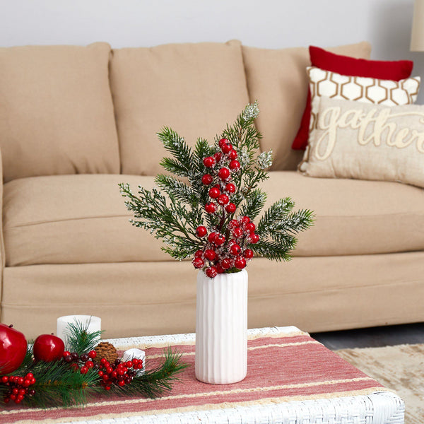 19” Iced Pine and Berries Artificial Arrangement in White Vase