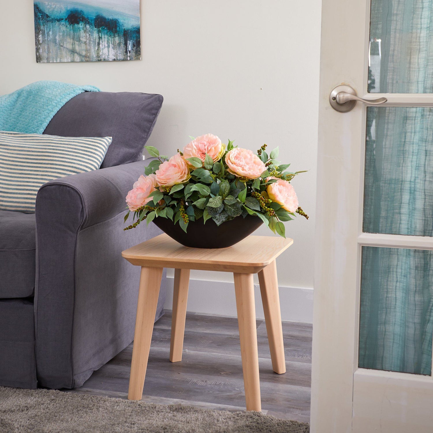 19” Peony and Mixed Greens Artificial Arrangement in Black Vase