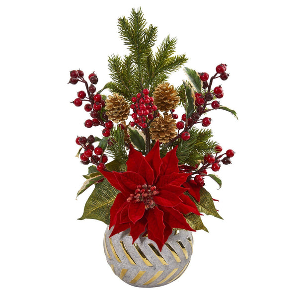 19" Poinsettia, Berry and Pine Artificial Arrangement in Designer Vase"