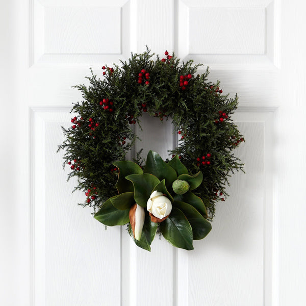 20” Cedar, Berries and Magnolia Artificial Christmas Wreath