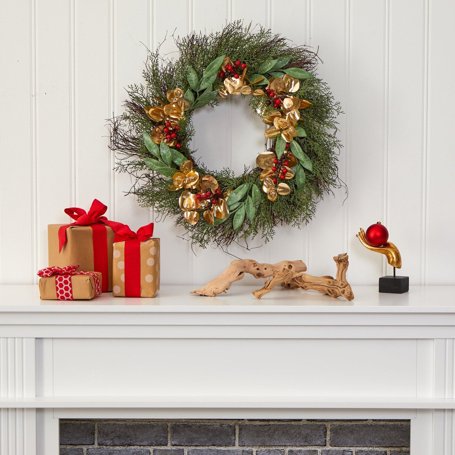 20” Cedar, Ruscus, Berries and Golden Eucalyptus Artificial Wreath