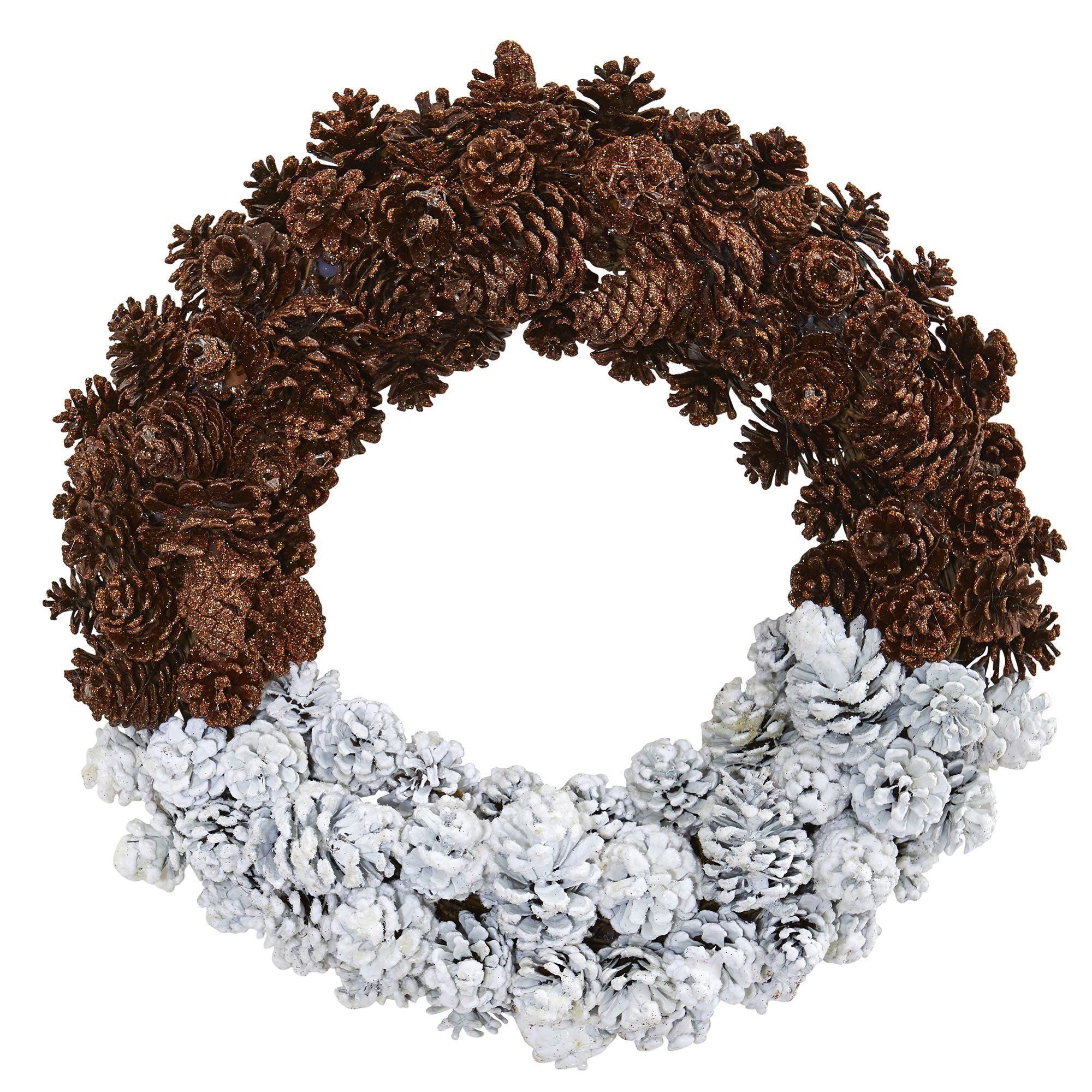 Frosted pine cones sprinkled atop a round evergreen wreath on burlap